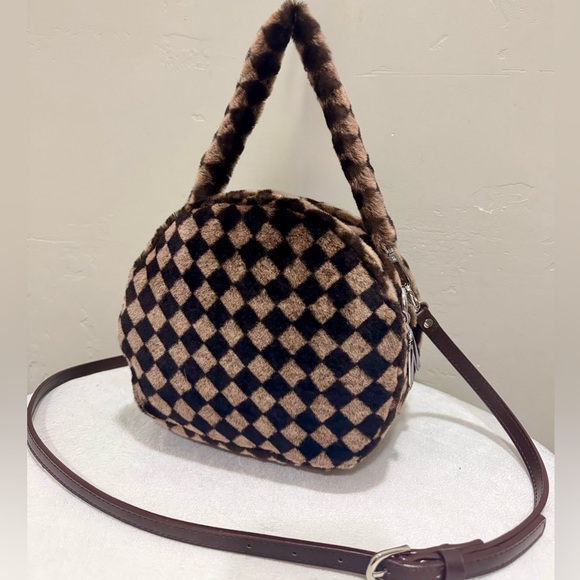 Checkerboard Real Shearling Leather Handmade Double Zip Round Bag/Crossbody - Picture 1 of 16